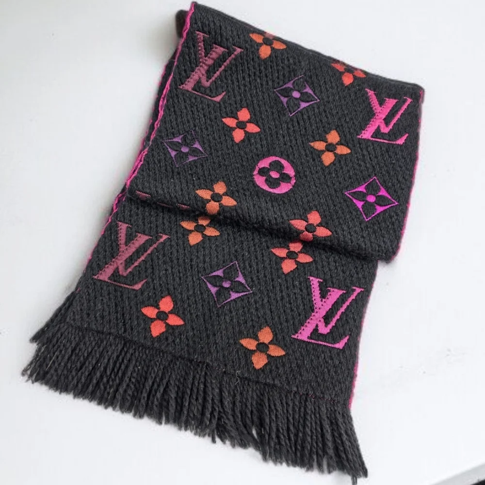 Louis Vuitton Echarpe Logomania Rainbow Wool Silk Scarf Black Pink